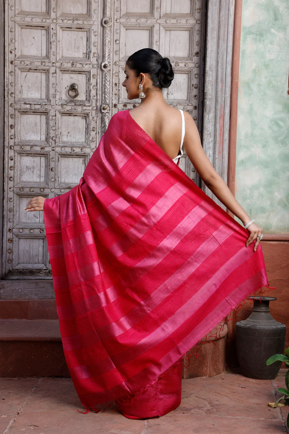 Pink Handloom Tussar Silk Saree With Pink Stripes Border | SILK MARK CERTIFIED | SHOBITAM