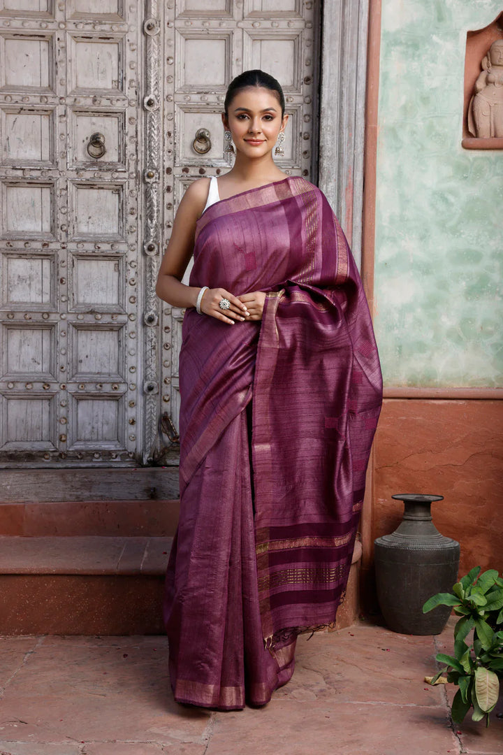 Handloom Wine Pure Silk Saree with Gold Border | SILK MARK CERTIFIED