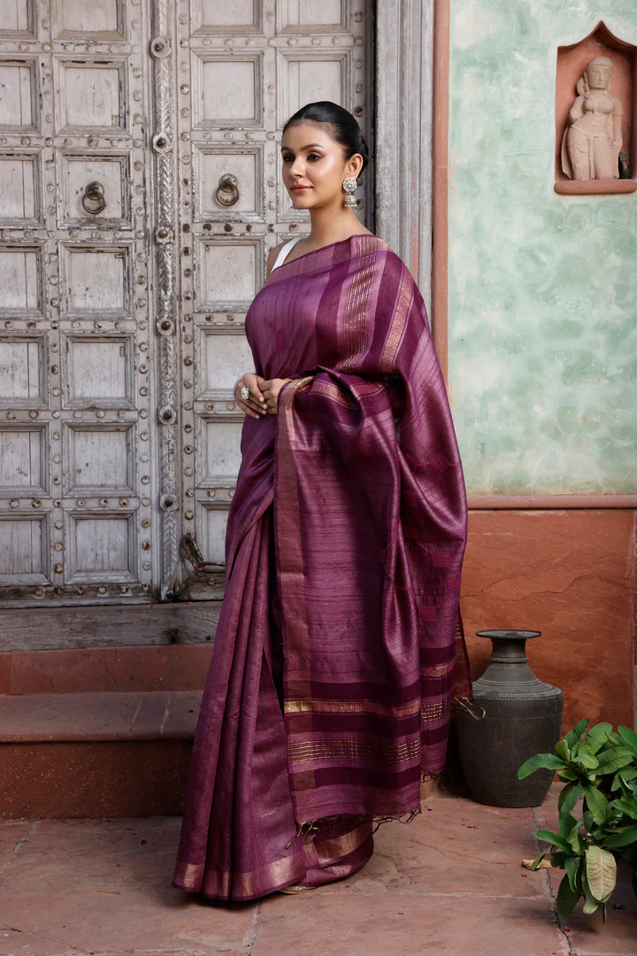 Handloom Wine Pure Silk Saree with Gold Border | SILK MARK CERTIFIED