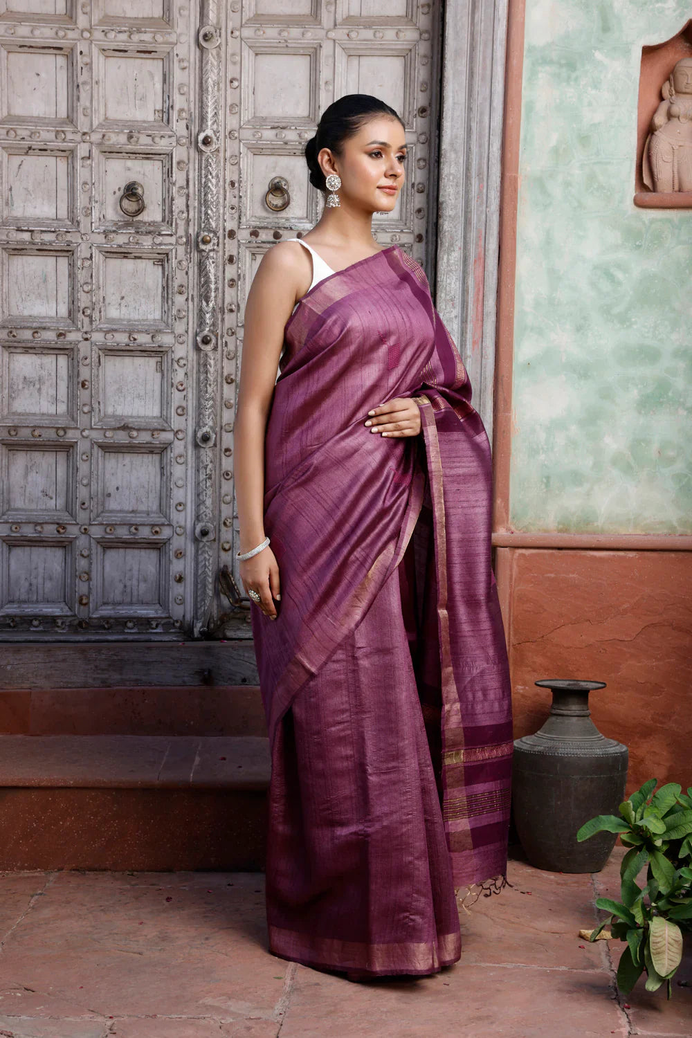 Handloom Wine Pure Silk Saree with Gold Border | SILK MARK CERTIFIED