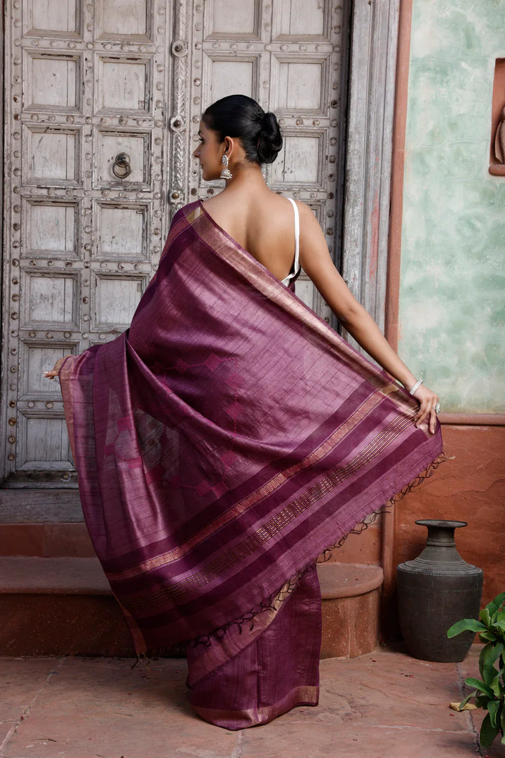 Handloom Wine Pure Silk Saree with Gold Border | SILK MARK CERTIFIED