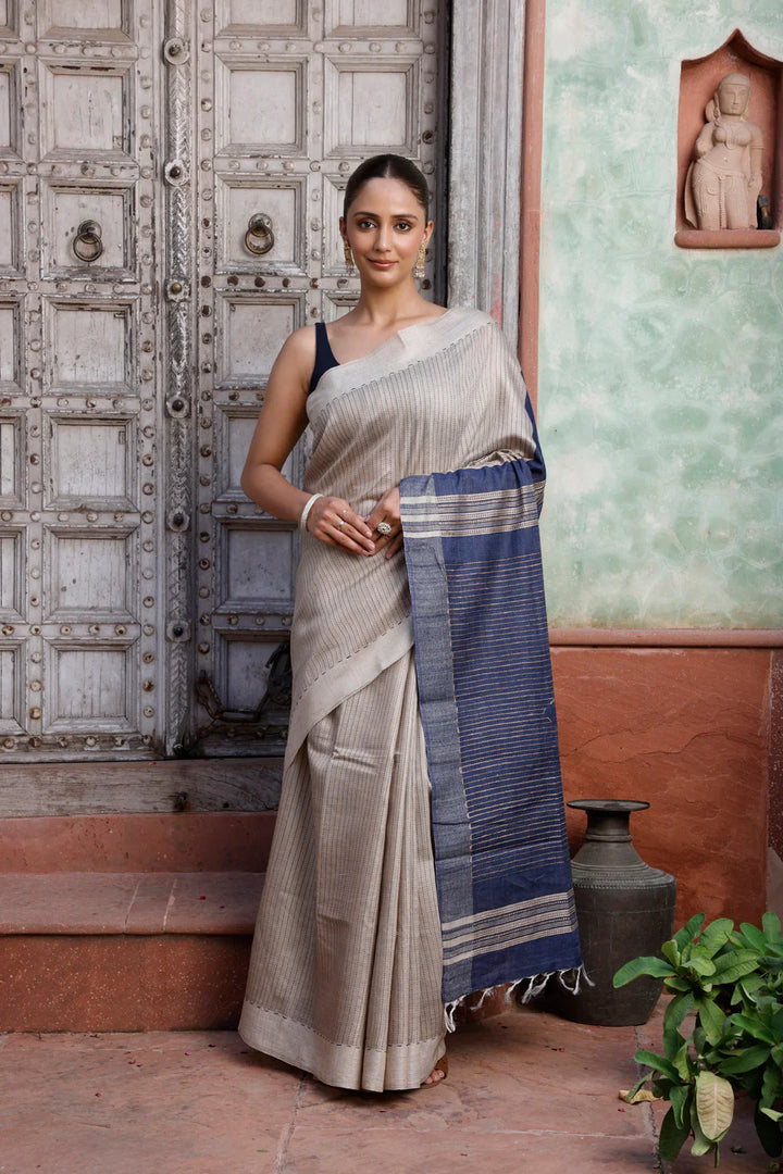 Handloom Beige Mugha Silk Saree With Woven Navy Blue Stripes | SILK MARK CERTIFIED | SHOBITAM
