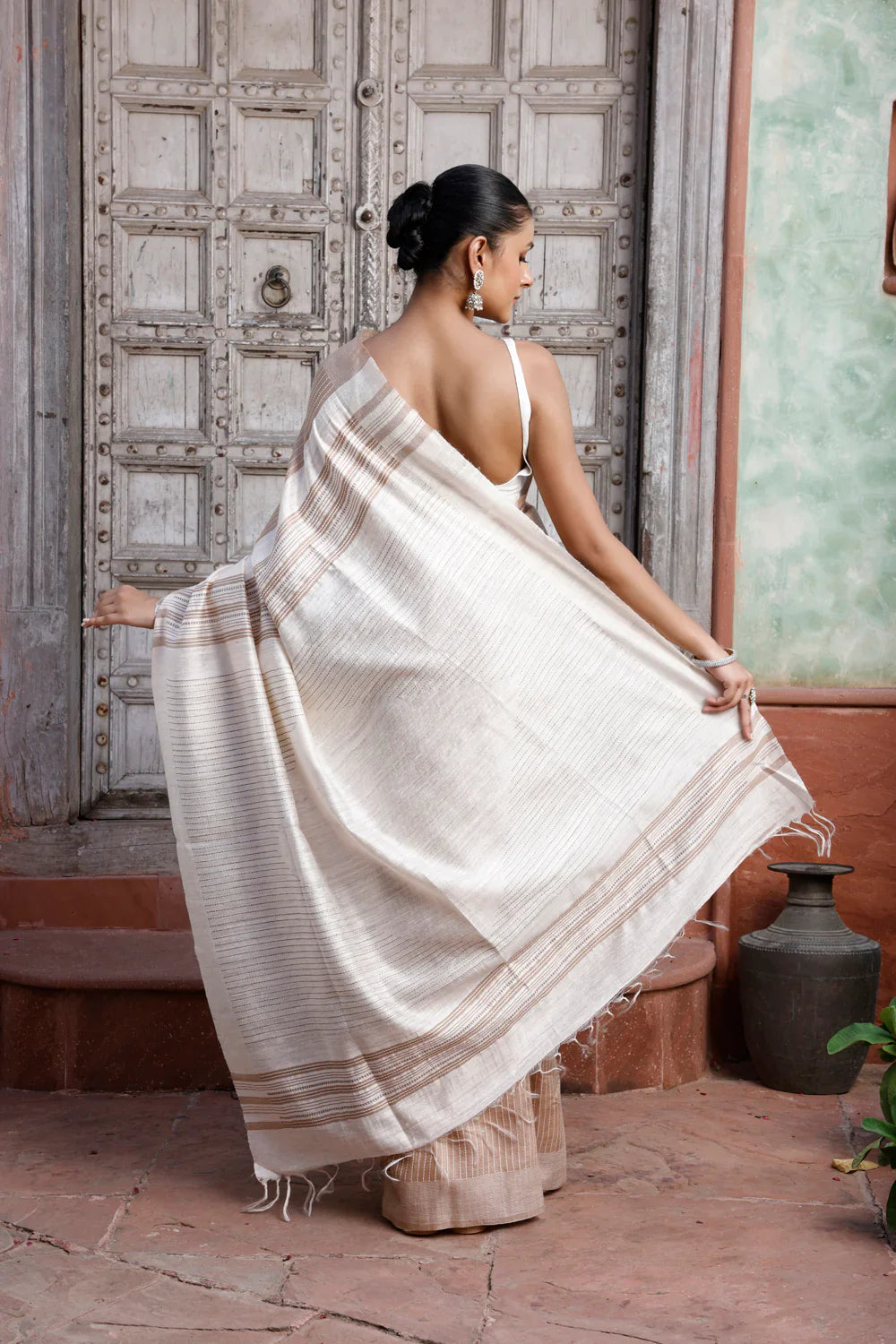 Handloom Beige Pure Silk Saree with White Stripes | SILK MARK CERTIFIED | SHOBITAM