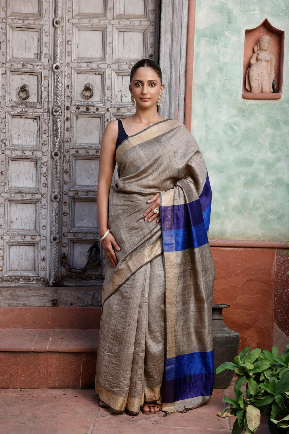 Handloom Beige Tussar Silk Saree With Zari Border & Navy Blue Pallu | SILK MARK CERTIFIED | SHOBITAM
