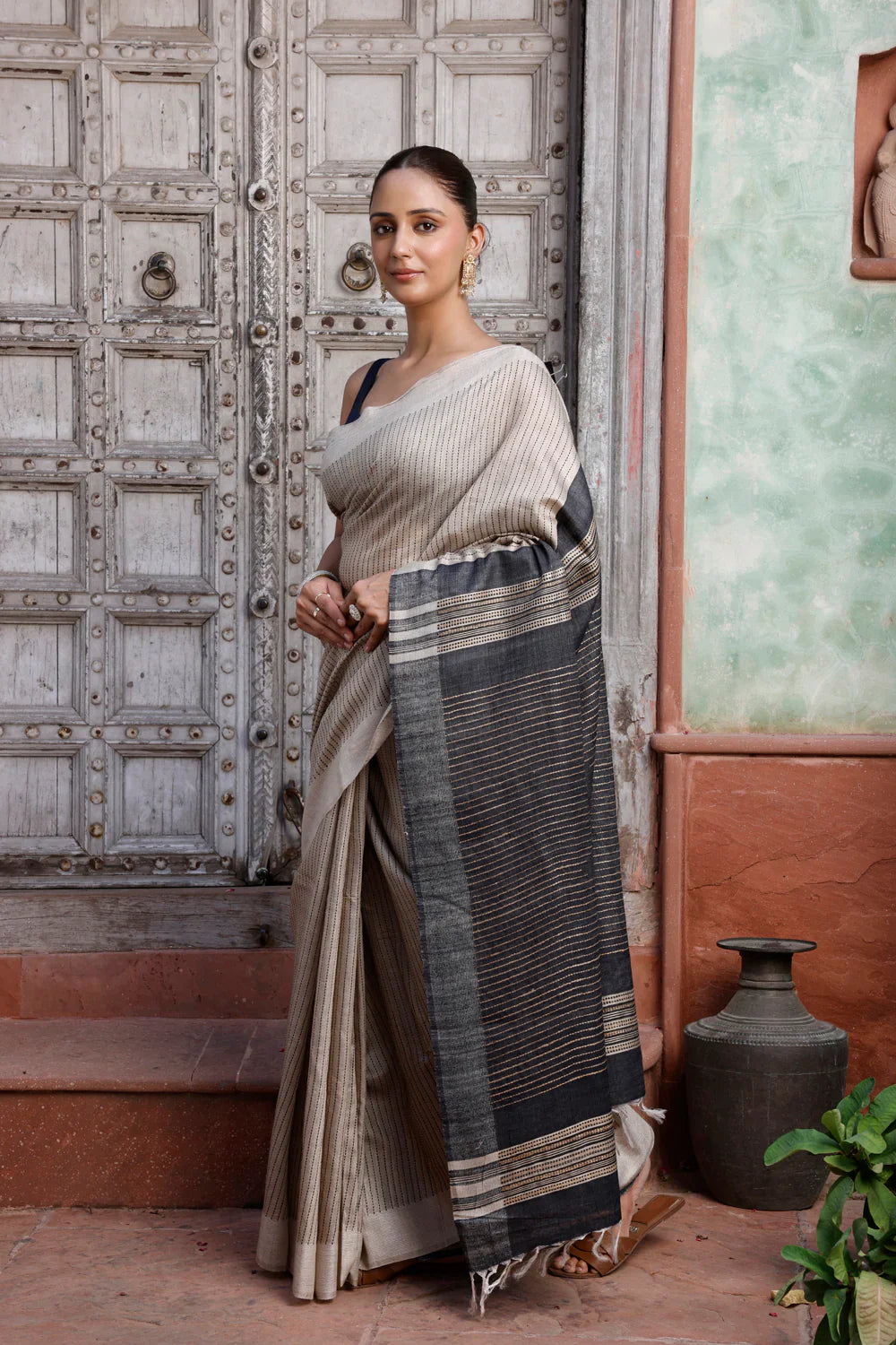 Handloom Beige Pure Silk Saree with White Stripes and Black Pallu | SILK MARK CERTIFIED | SHOBITAM