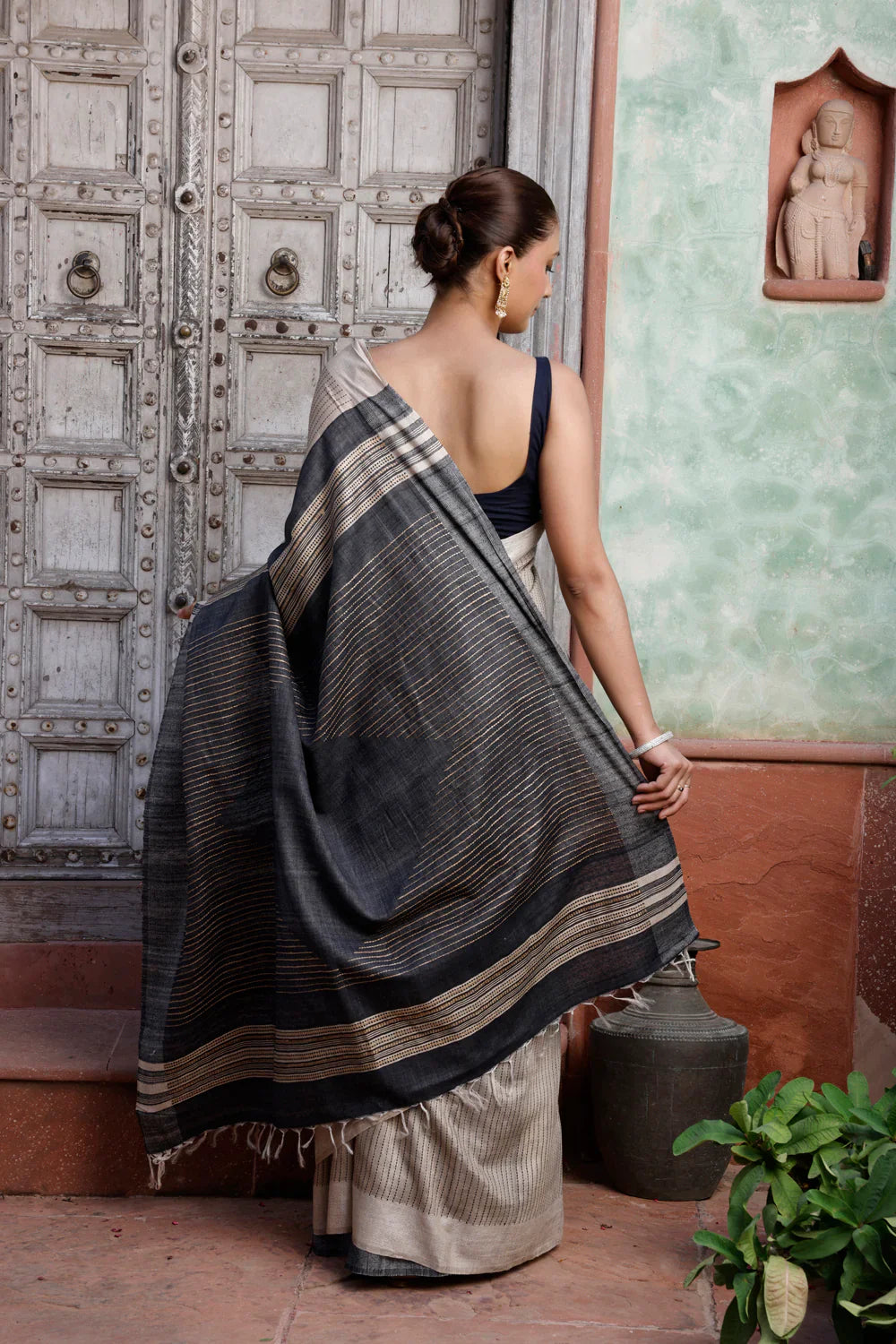 Handloom Beige Pure Silk Saree with White Stripes and Black Pallu | SILK MARK CERTIFIED | SHOBITAM