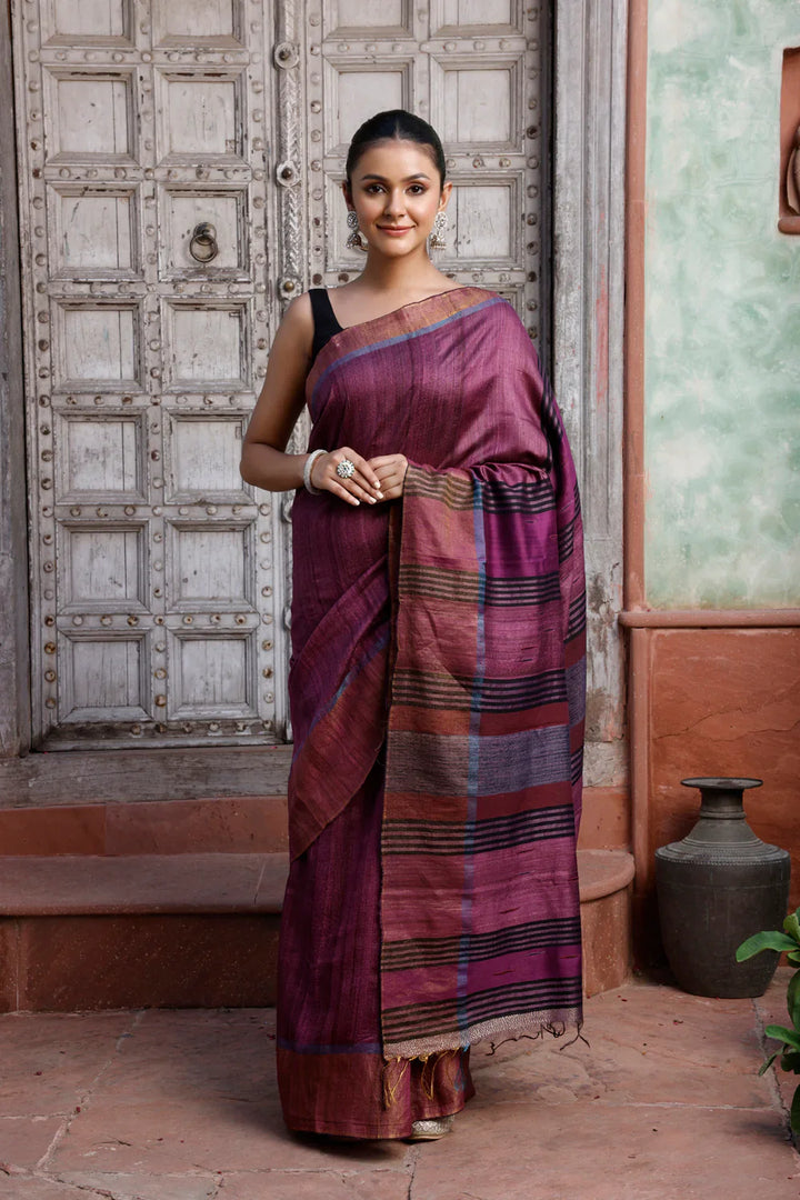 Handloom Wine Pure Silk Saree with Golden Border | SILK MARK CERTIFIED