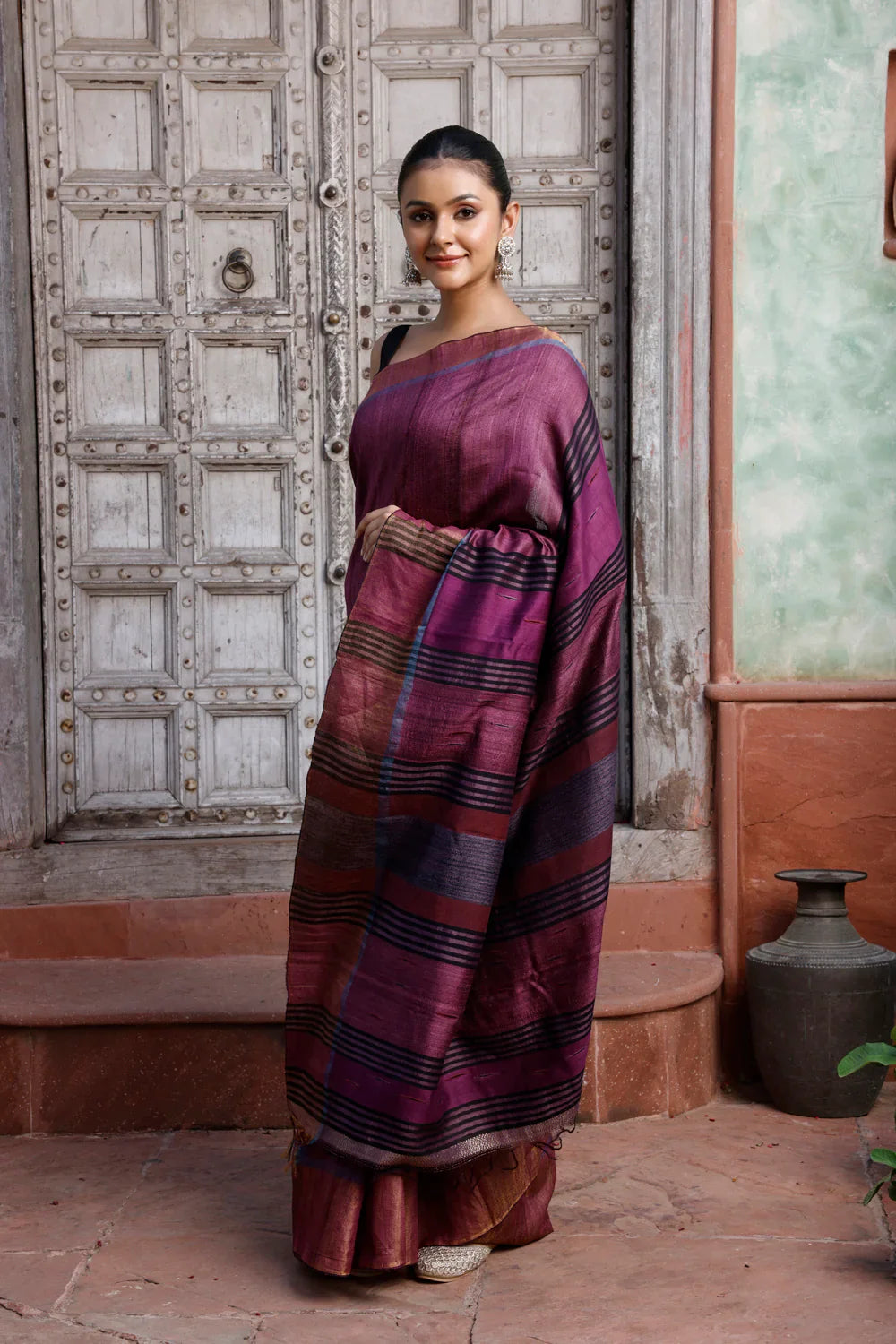Handloom Wine Pure Silk Saree with Golden Border | SILK MARK CERTIFIED