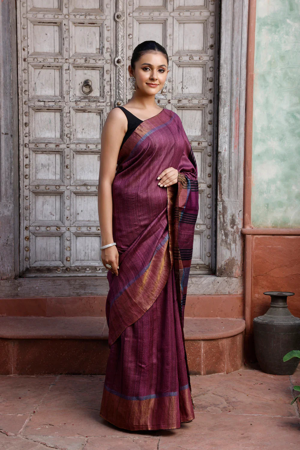 Handloom Wine Pure Silk Saree with Golden Border | SILK MARK CERTIFIED