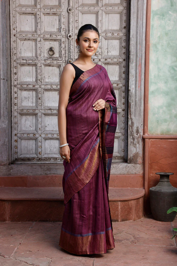 Handloom Wine Pure Silk Saree with Golden Border | SILK MARK CERTIFIED