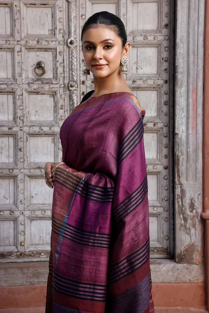 Handloom Wine Pure Silk Saree with Golden Border | SILK MARK CERTIFIED