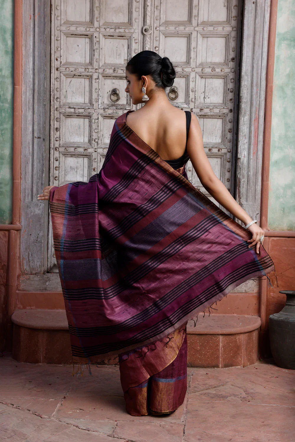 Handloom Wine Pure Silk Saree with Golden Border | SILK MARK CERTIFIED