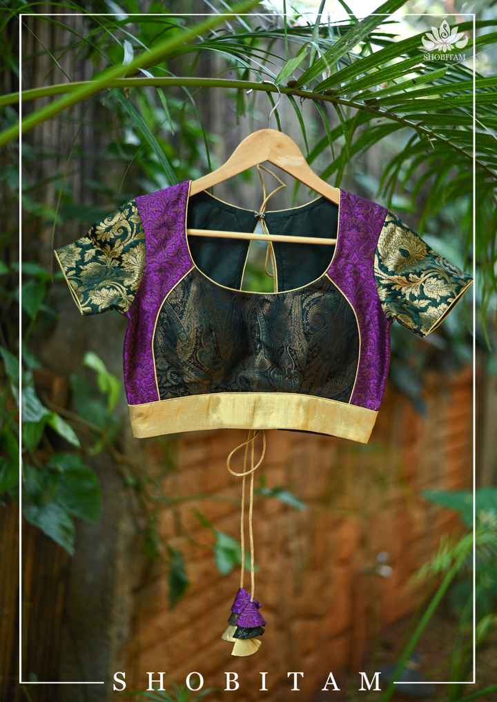Purple and Black Banarasi Brocade Blouse with Tie back design | SHOBITAM