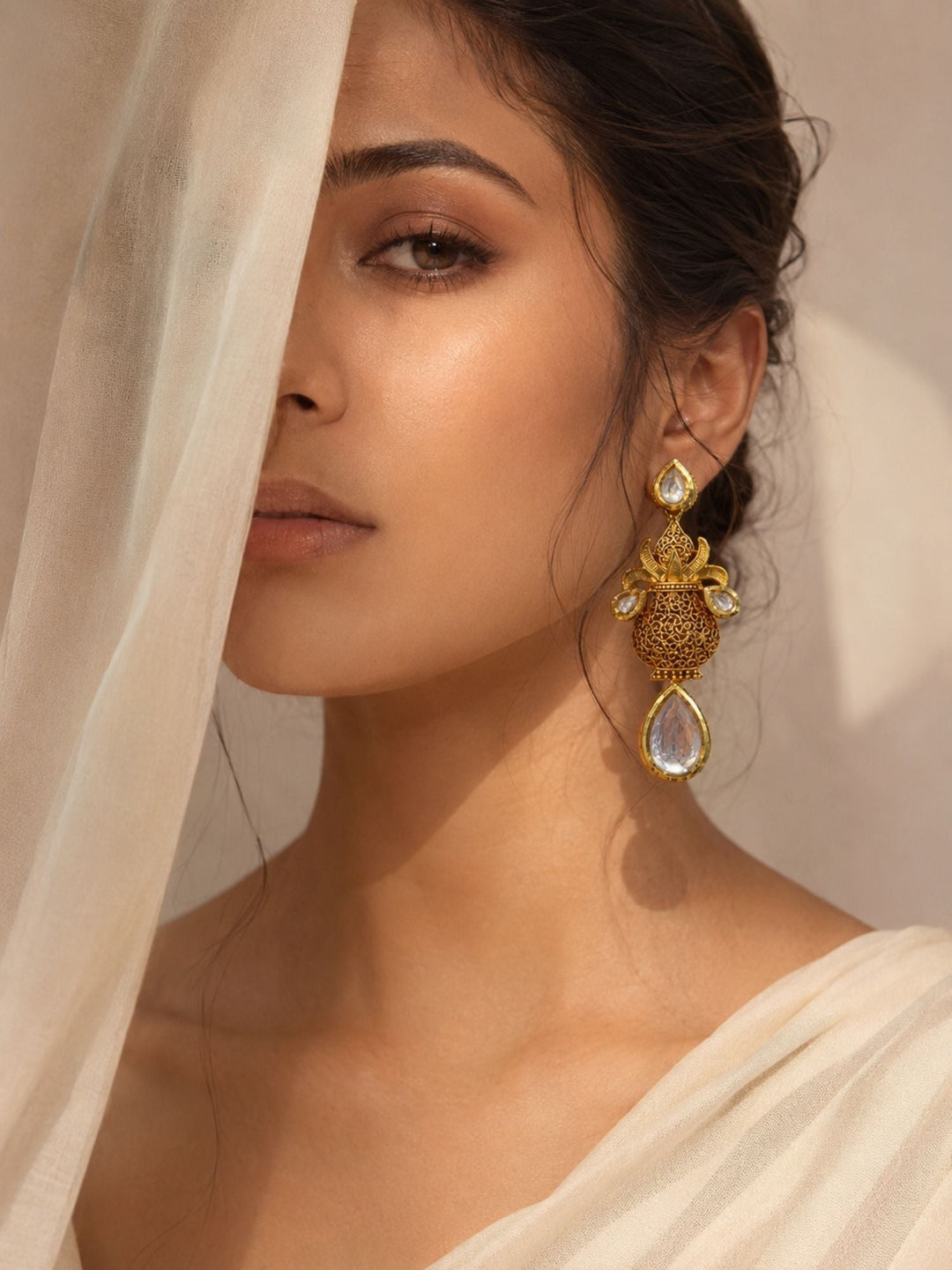 Antique Kundan Drop Earrings in Gold Finish – Festive Wear | SHOBITAM
