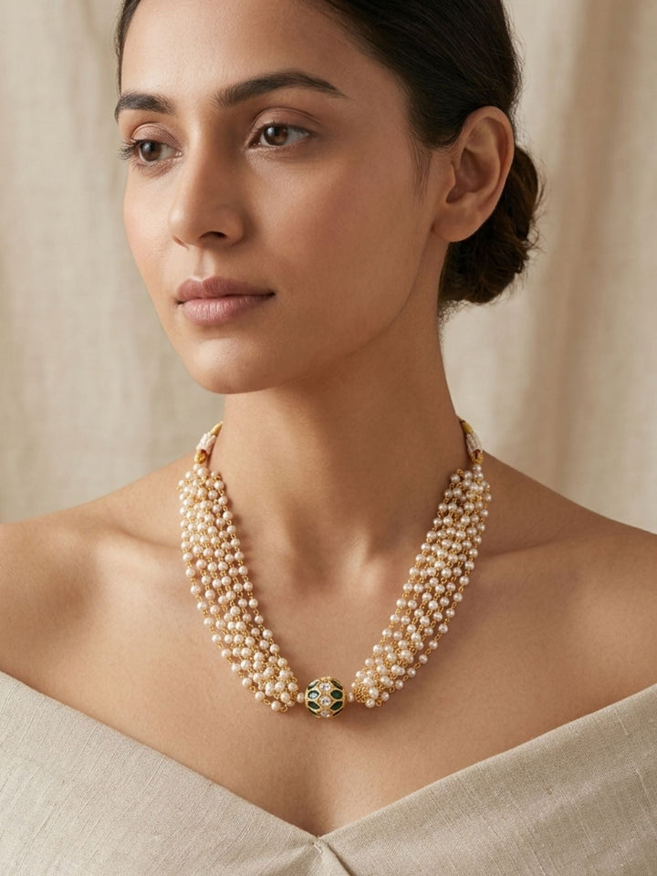 Multi Layer Pearl Choker Necklace with Kundan Bead  | Shobitam