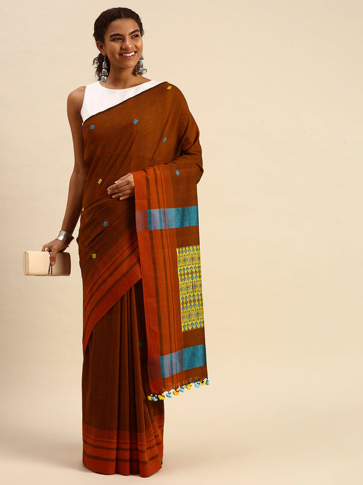 Rust Brown Hand woven Assamese Cotton Saree