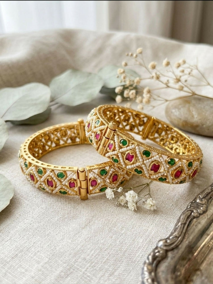 Antique Multicolour Gold Plated Polki Bangles | SHOBITAM