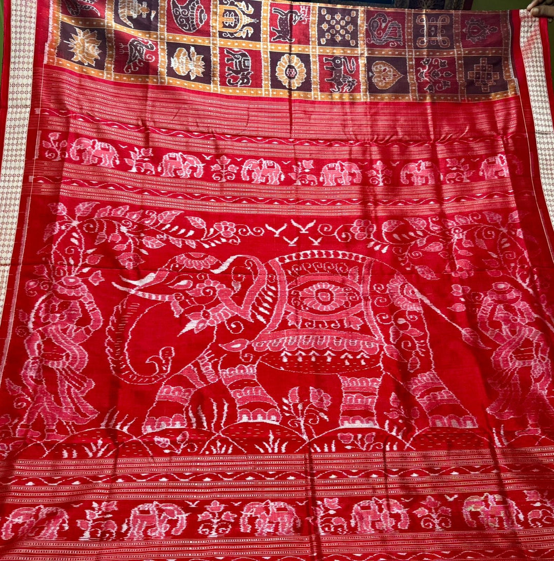 Madhuri Dixit Sambhalpuri Ikkat Handloom Saree in Red and Brown , No Blouse Piece | SILK MARK CERTIFIED
