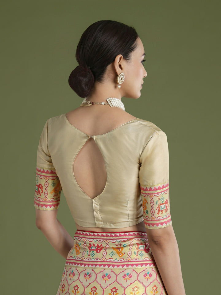 Cream Semi Banarasi Satin Silk Saree With Patola Work | SHOBITAM