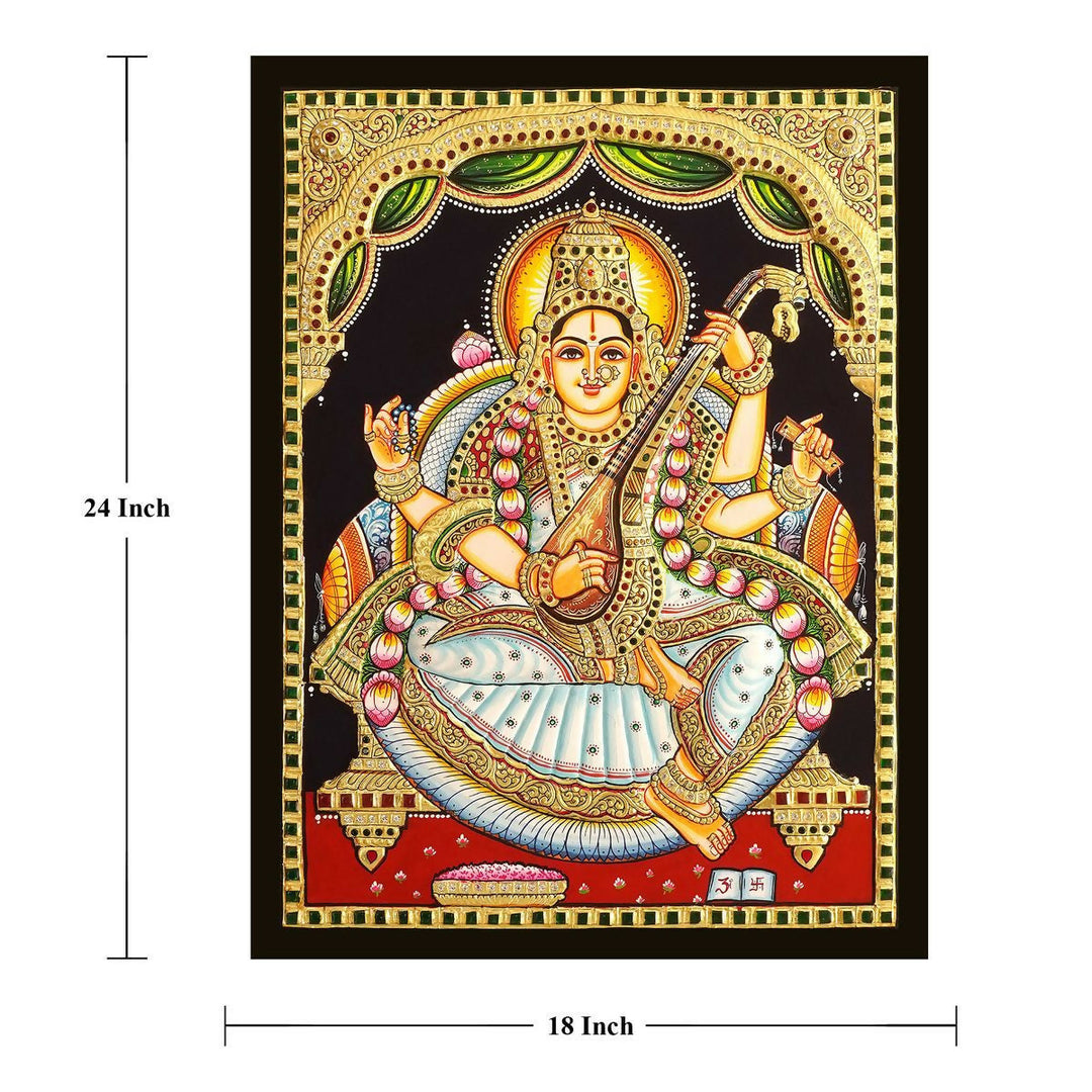 18*24 Authentic TANJORE PAINTING SARASWATHI With 22 Ct gold Foil and Jaipur Gemstones,Unframed | SHOBITAM