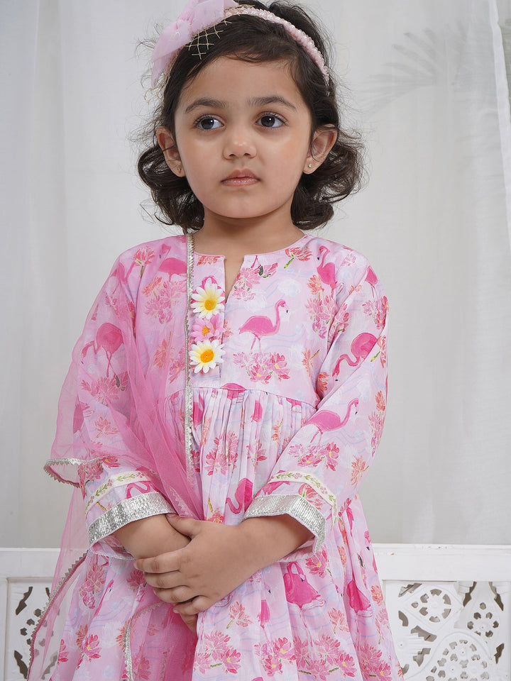 Girls Pink Muslin Flamingo Kurta Sharara Set with Dupatta and Cotton Lining | SHOBITAM
