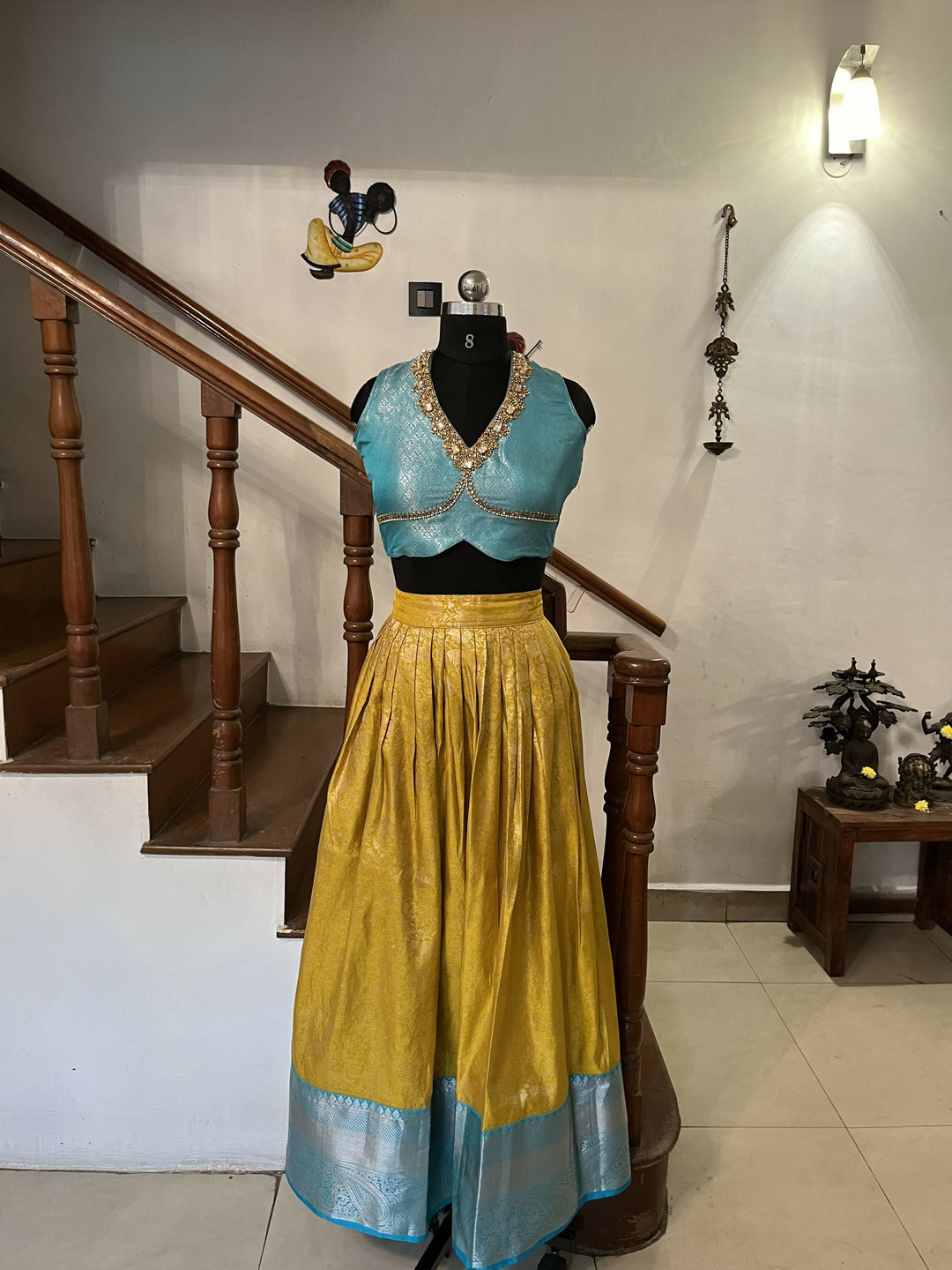 Mustard, yellow with Aqua blue Semi Kanchi lehanga Set