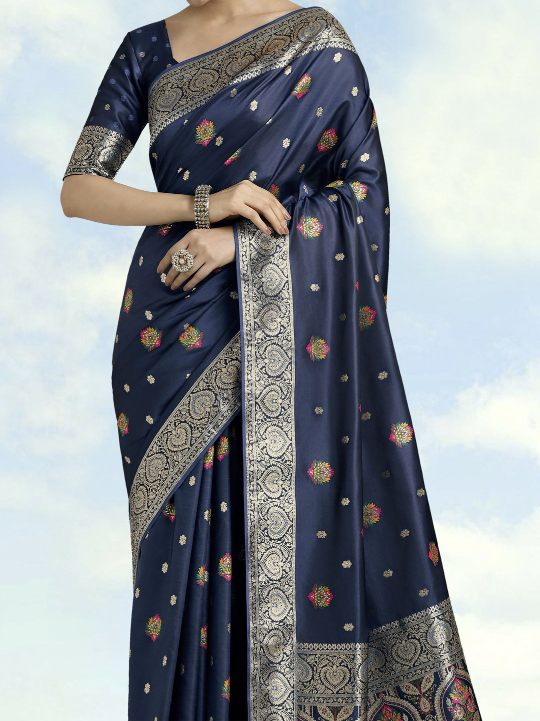 Navy blue Banarasi Zari Woven Satin Silk Saree | SHOBITAM