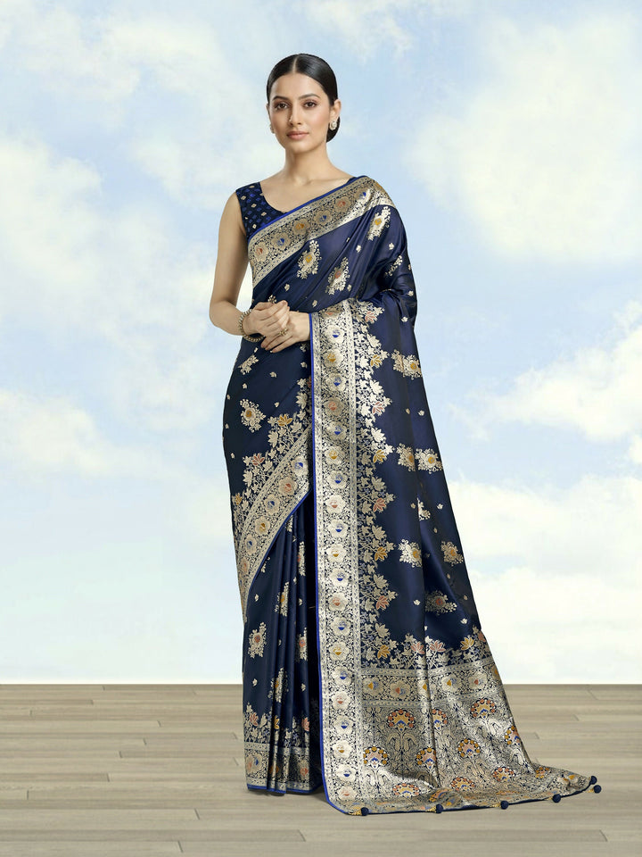 Dark blue Zari Woven Banarasi Satin Silk Saree | SHOBITAM
