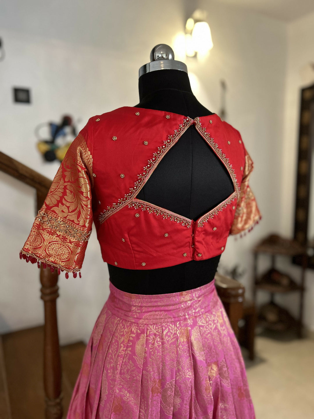 Rose Pink Brocade Skirt With Red Blouse | SHOBITAM