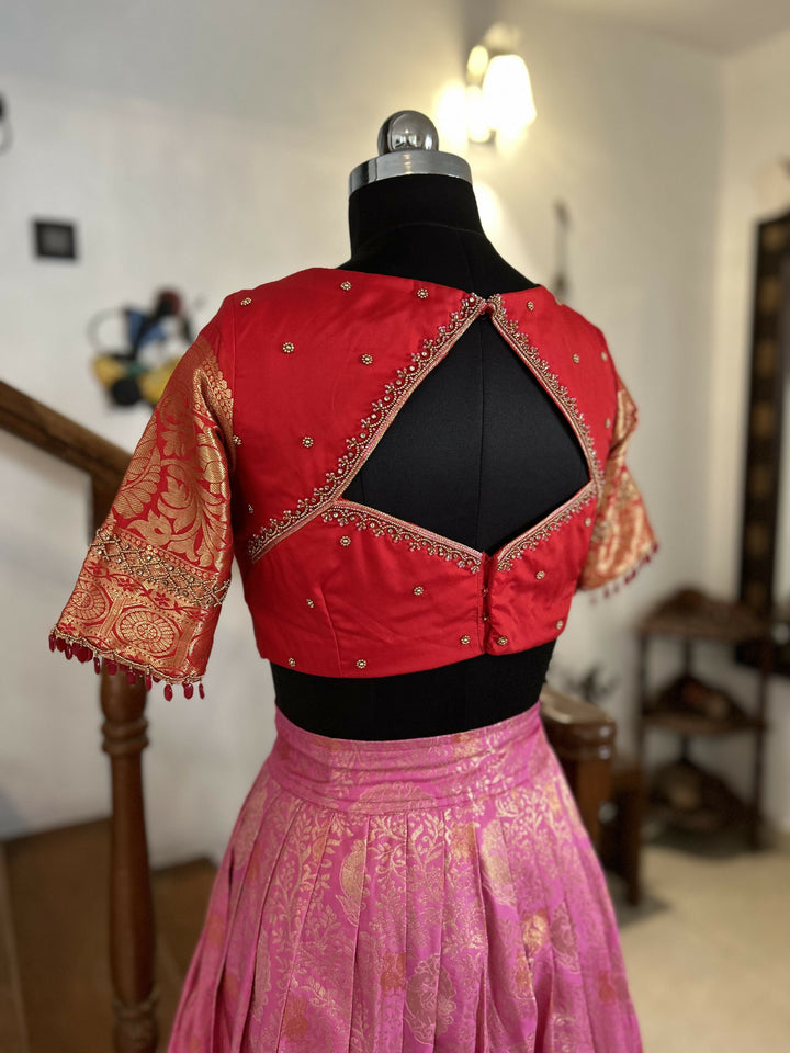 Rose Pink Brocade Skirt With Red Blouse | SHOBITAM