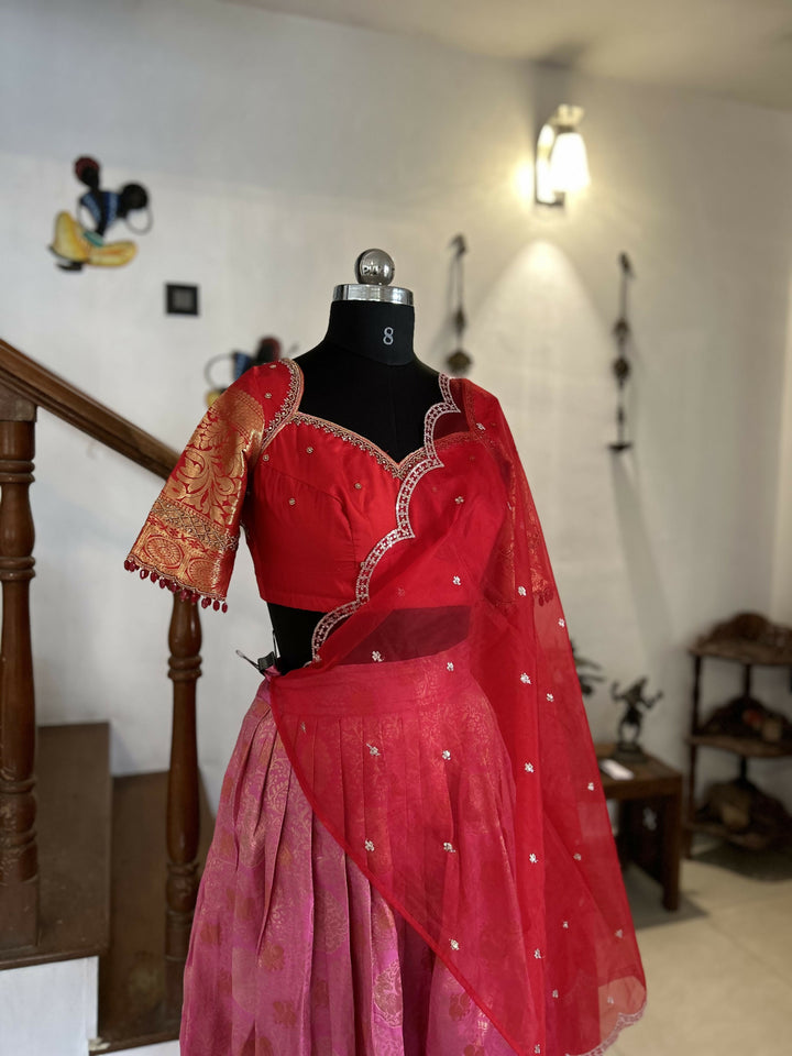 Rose Pink Brocade Skirt With Red Blouse | SHOBITAM