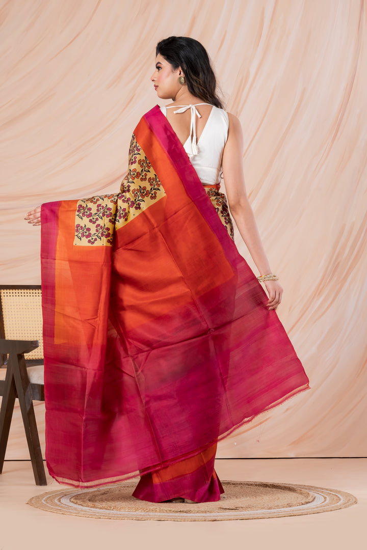 Orange Pure Silk Saree With Block-Printed  with Double Border | SILK MARK CERTIFIED | Shobitam