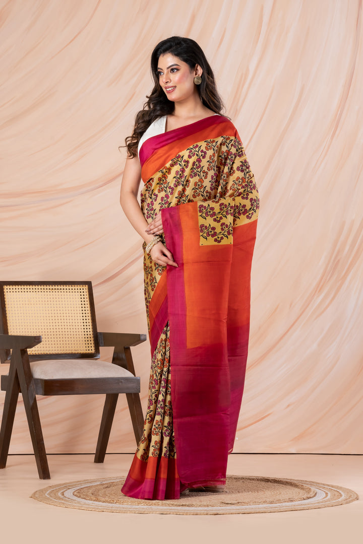 Orange Pure Silk Saree With Block-Printed  with Double Border | SILK MARK CERTIFIED | Shobitam
