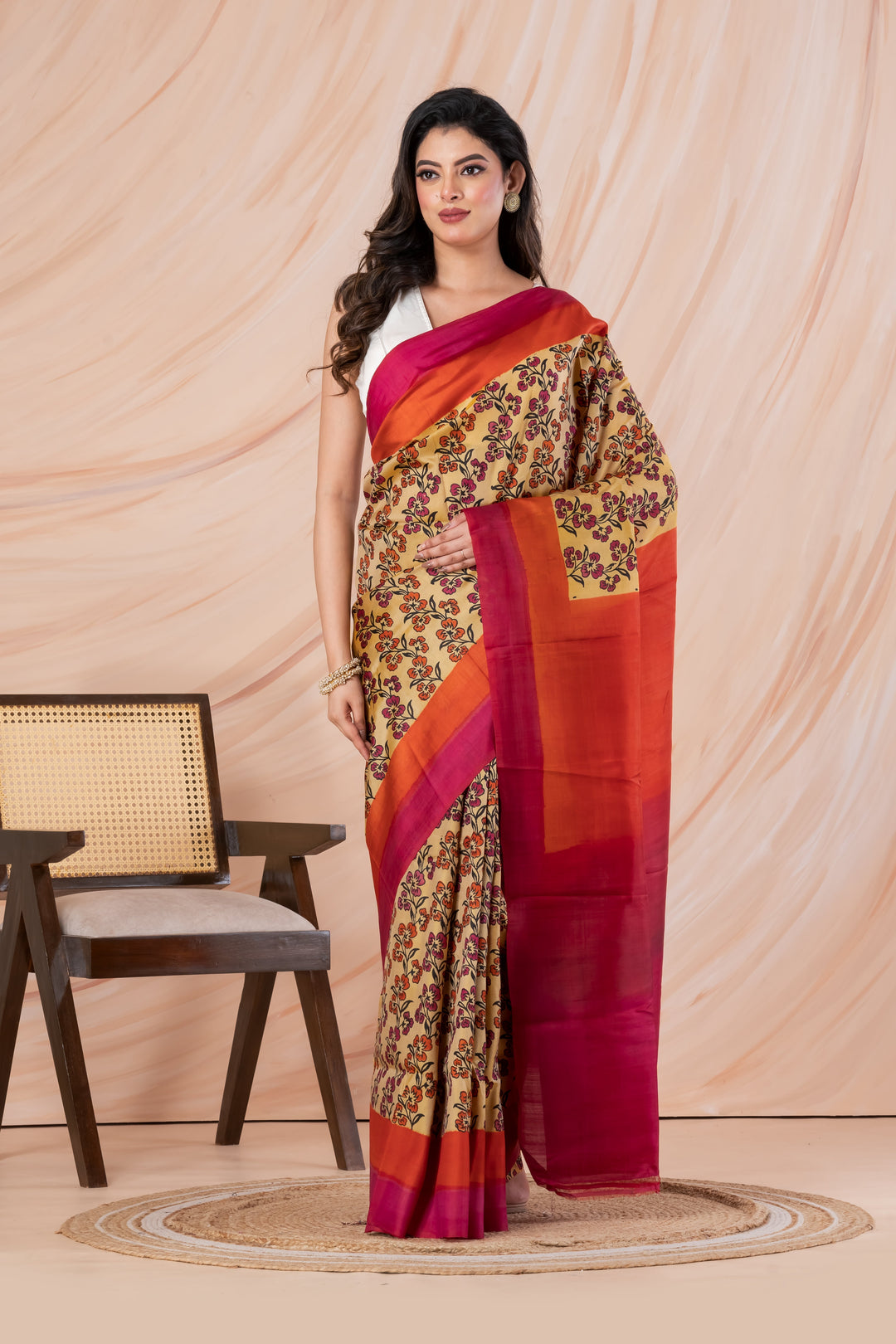 Orange Pure Silk Saree With Block-Printed  with Double Border | SILK MARK CERTIFIED | Shobitam