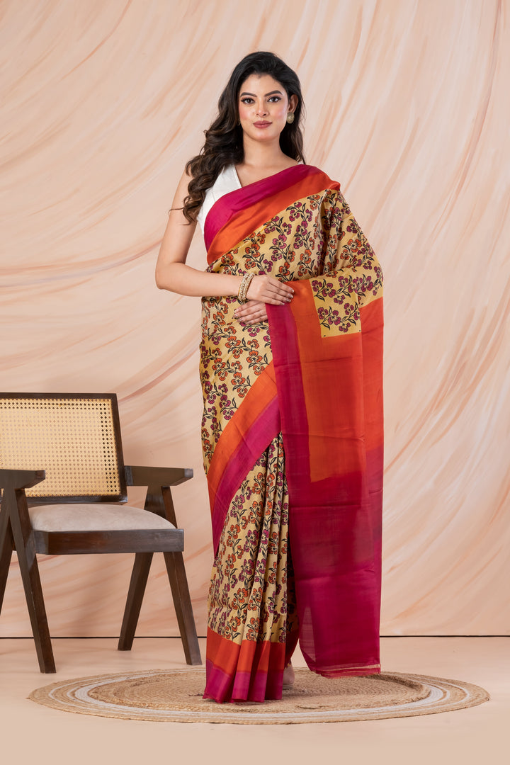 Orange Pure Silk Saree With Block-Printed  with Double Border | SILK MARK CERTIFIED | Shobitam