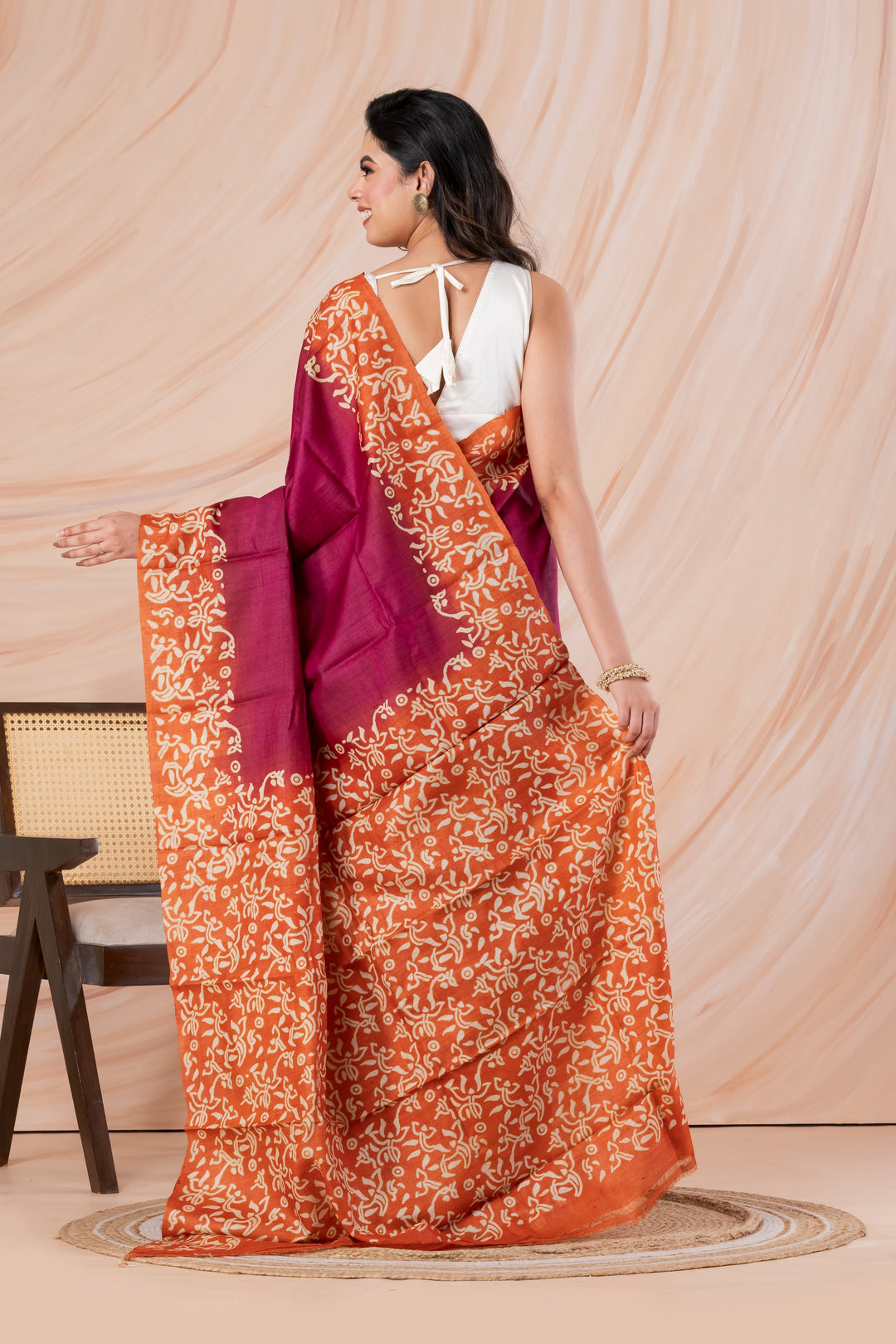 Deep pink with orange border tussar printed saree.  | SILK MARK CERTIFIED | SHOBITAM