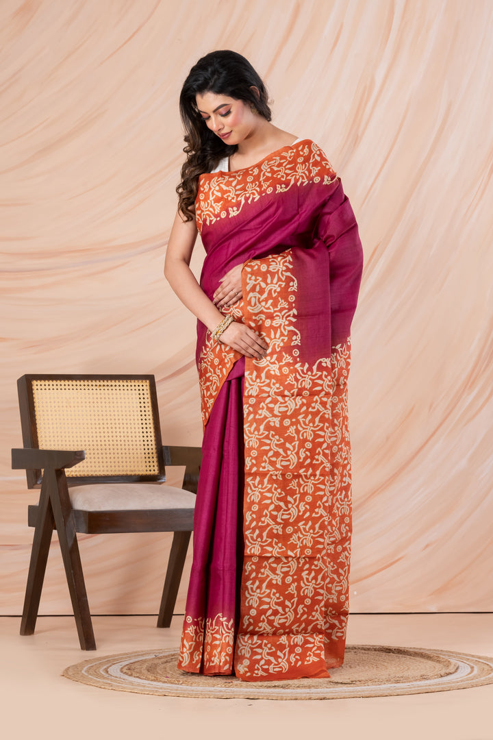 Deep pink with orange border tussar printed saree.  | SILK MARK CERTIFIED | SHOBITAM