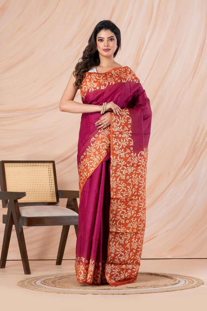Deep pink with orange border tussar printed saree.  | SILK MARK CERTIFIED | SHOBITAM