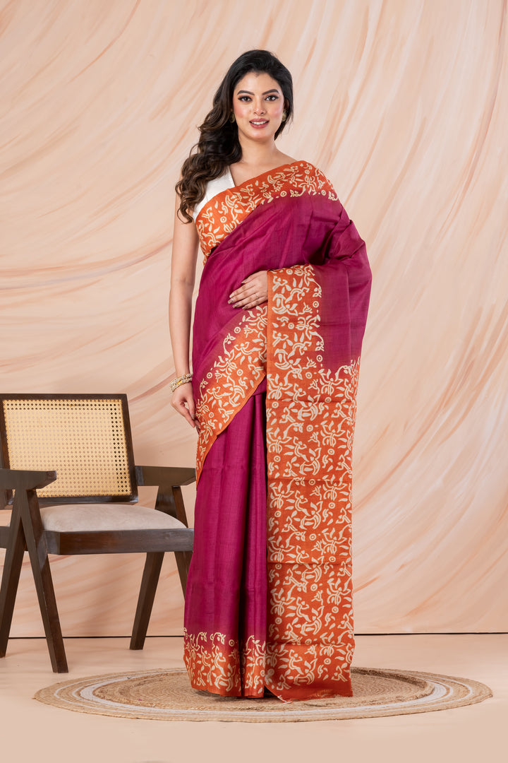 Deep pink with orange border tussar printed saree.  | SILK MARK CERTIFIED | SHOBITAM