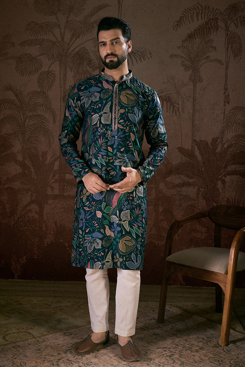 Blue Silk Blend Floral Printed Straight Kurta With Trouser | SHOBITAM