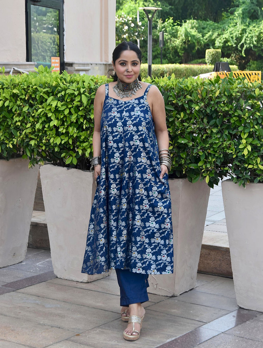 Blue Brocade Straight High-Slit Kurta Co-ord Set | SHOBITAM