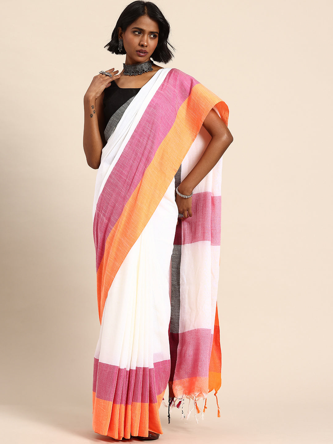 Colorblock Pure Cotton Saree with Blouse piece | SHOBITAM