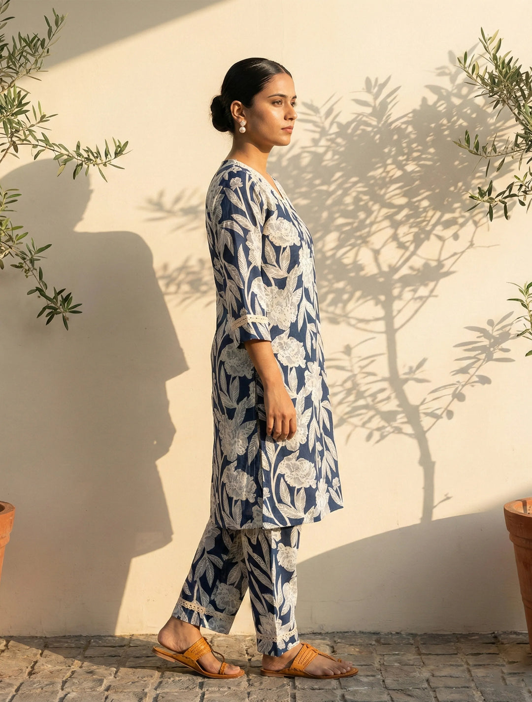 Navy Blue Floral Print Kurta Co-Ord Set | SHOBITAM