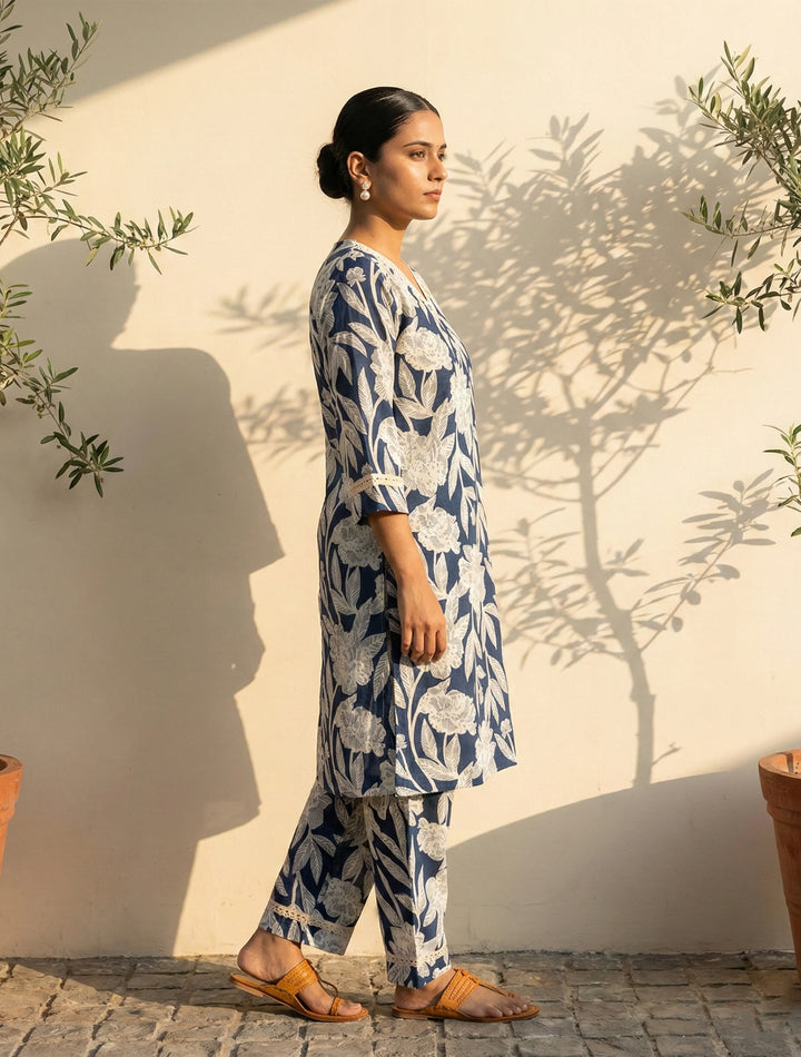 Navy Blue Floral Print Kurta Co-Ord Set | SHOBITAM