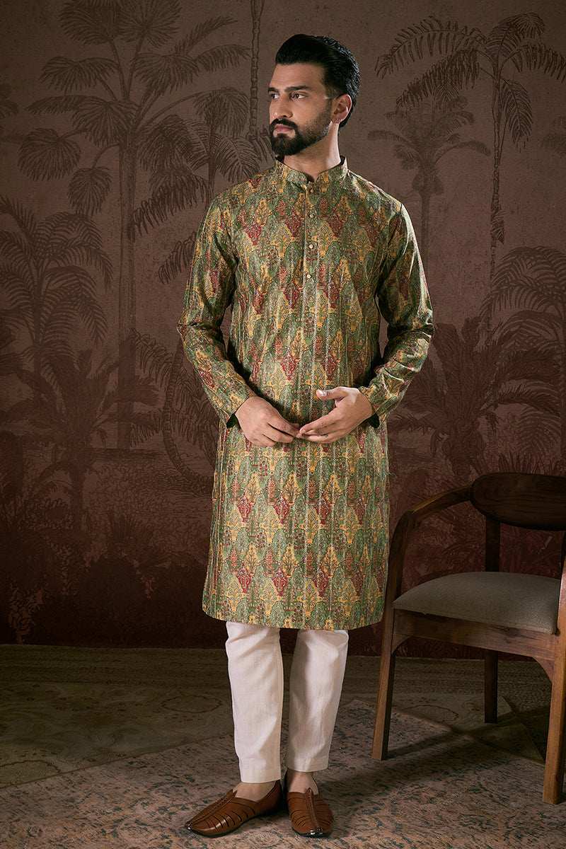 Green Silk Blend Floral Printed Straight Kurta With Trouser | SHOBITAM