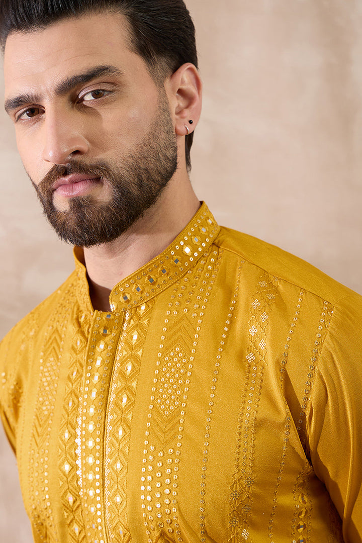 Mustard Silk Blend Embroidered Mandarin Collar Straight Kurta For Men | SHOBITAM