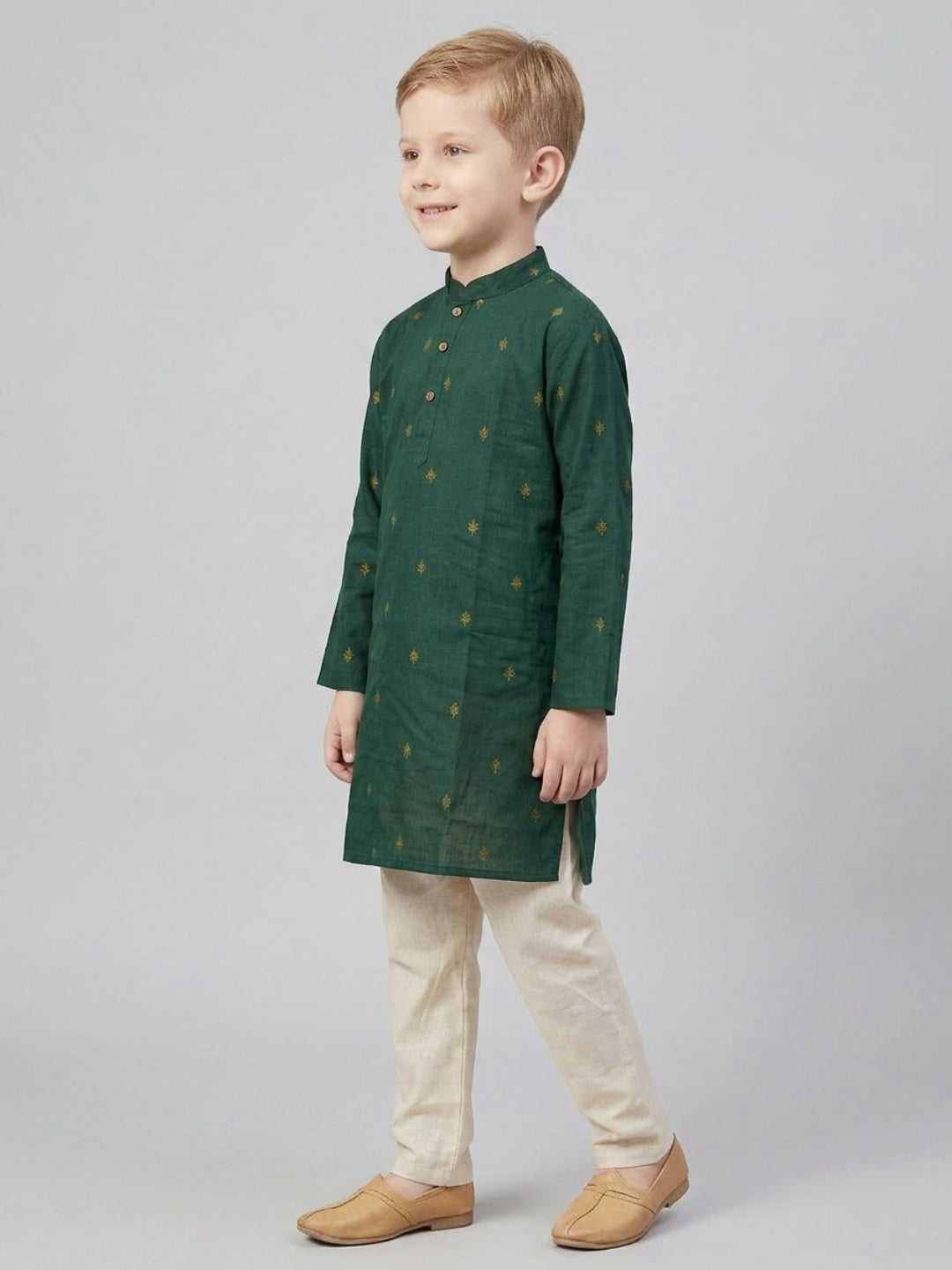 Boys Green Printed Mandarin Collar Cotton Kurta Set | SHOBITAM