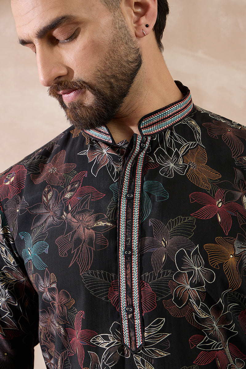 Black Silk Blend Printed Mandarin Collar Straight Kurta For Men | SHOBITAM