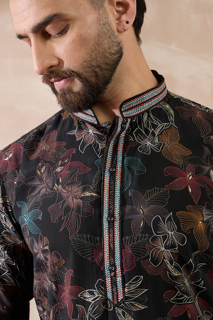 Black Silk Blend Printed Mandarin Collar Straight Kurta For Men | SHOBITAM