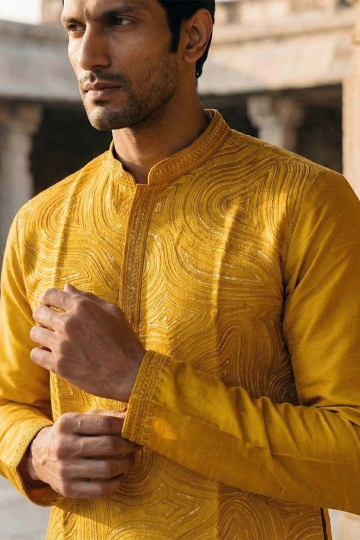 Yellow Silk Blend Embroidered Straight Kurta | SHOBITAM